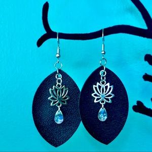 Lotus Flower & Vegan Leather Dew Drop 💧 Earrings